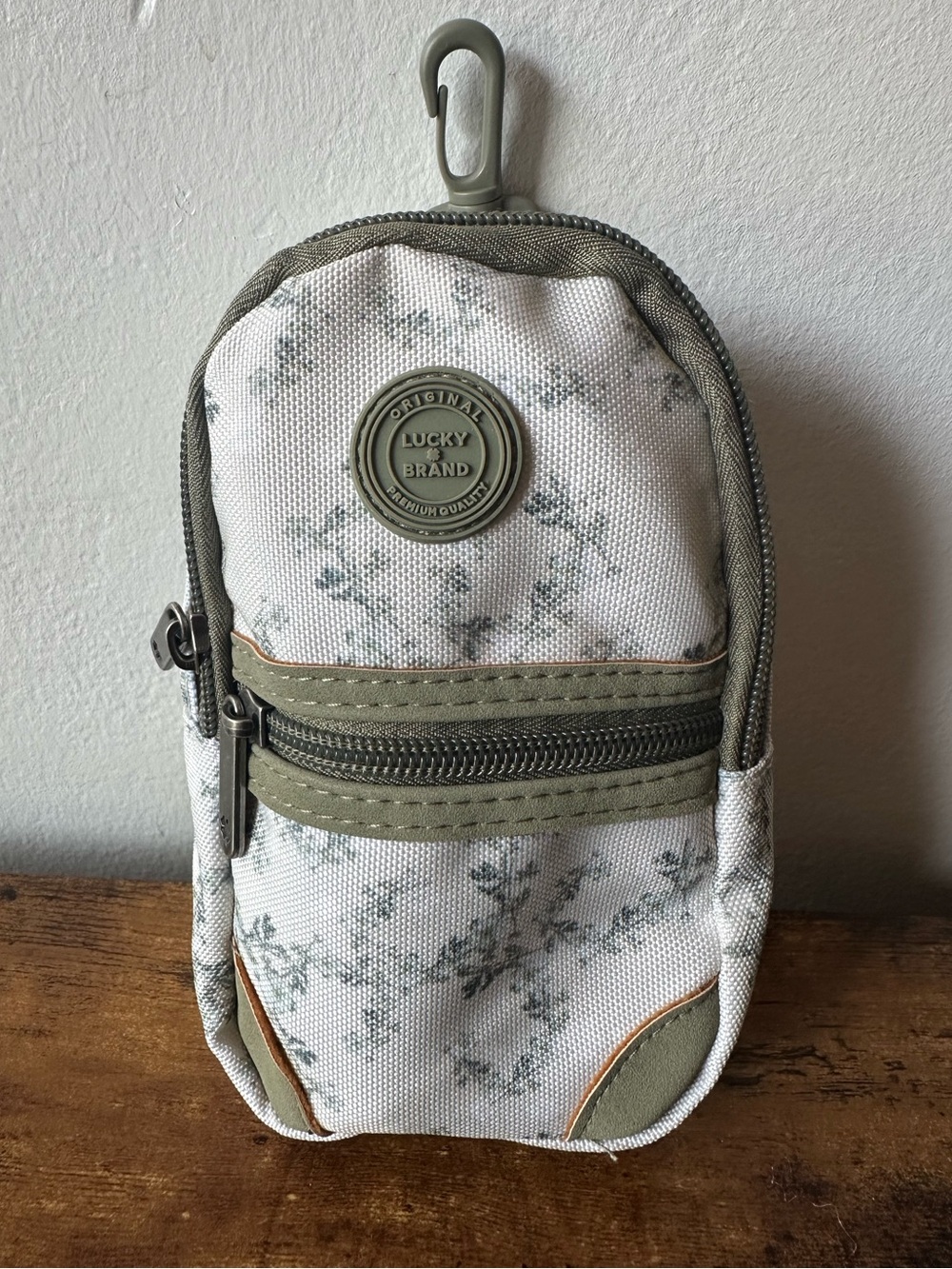 Lucky Brand Green Floral Mini Backpack Pouch Bag Charm Keychain Olive Trim NWOT
